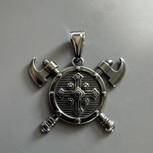 Double Axe Cross Shield Stainless Steel Pendant 24” Chain Gun Metal Viking Faith